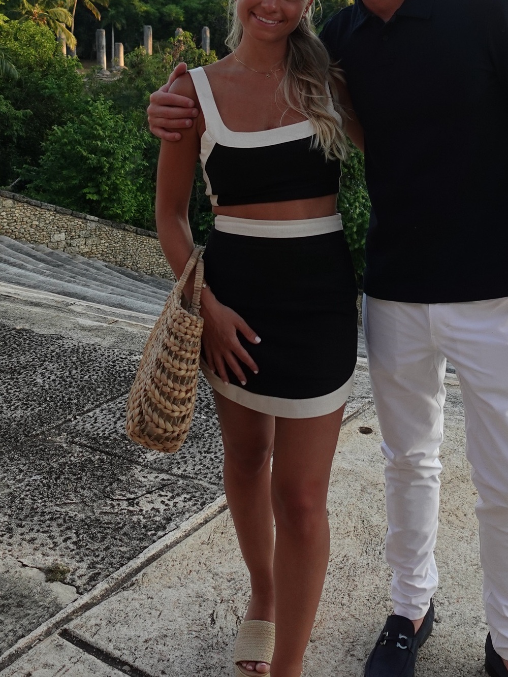 7 For All Mankind Black and White Two-Piece Crop Top & Skirt Set